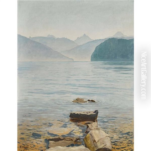 Stilles Wasser - Morgendammerung Mit Schreckhorn Oil Painting by Plinio Colombi