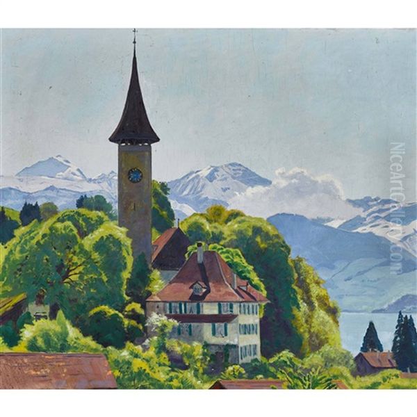 Spiez Am Thunersee Mit Blick Auf Die Berner Alpen Oil Painting by Plinio Colombi