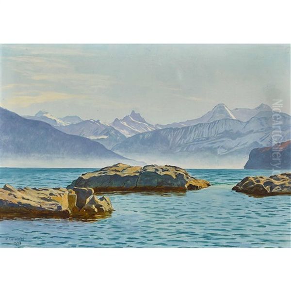 Thunersee Bei Spiez Mit Schreckhorn, Eiger Und Monch Oil Painting by Plinio Colombi