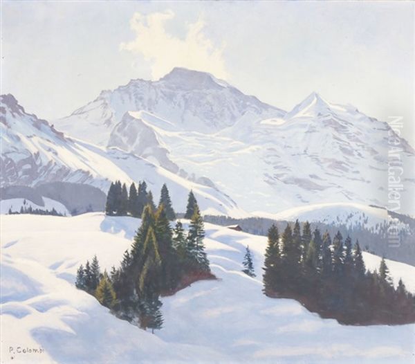 Jungfrau Von Wengen Aus - Morgenstimmung Oil Painting by Plinio Colombi