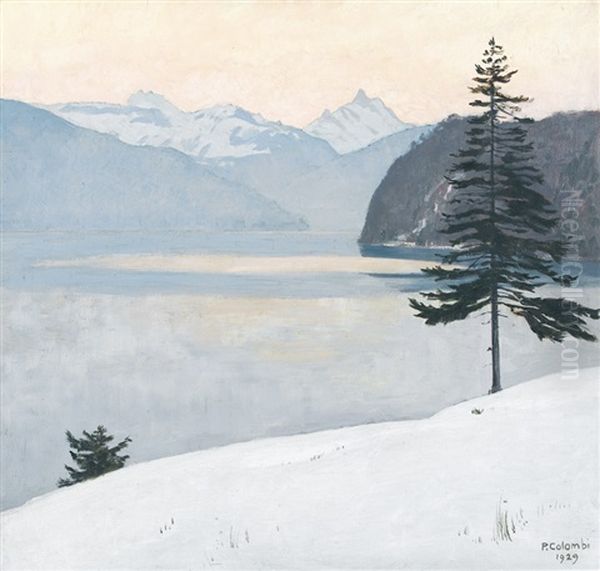 Winterliche Thunerseelandschaft Mit Dem Schreckhorn Oil Painting by Plinio Colombi