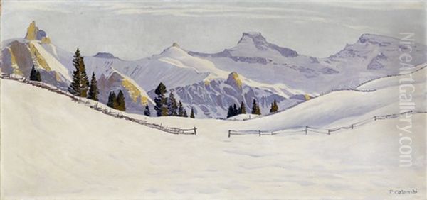 Verschneites Bergpanorama Adelbodens Oil Painting by Plinio Colombi