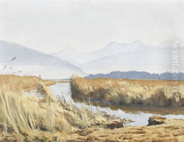 Uferpartie Am Thunersee Mit Schilf Vor Berner Alpen Oil Painting by Plinio Colombi