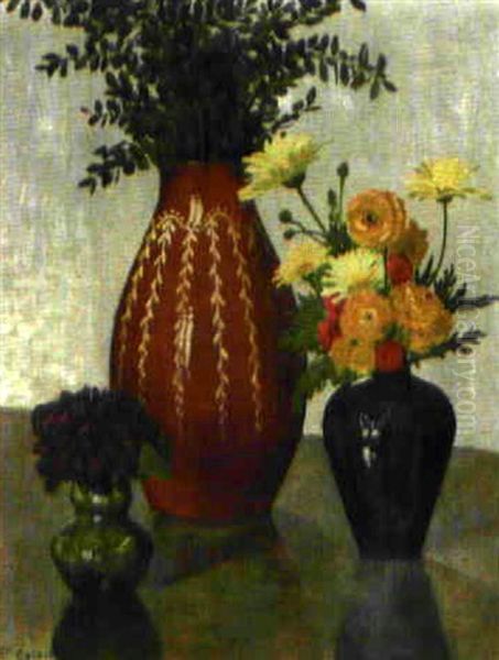 Drei Keramikvasen Mit Bouquets Oil Painting by Plinio Colombi
