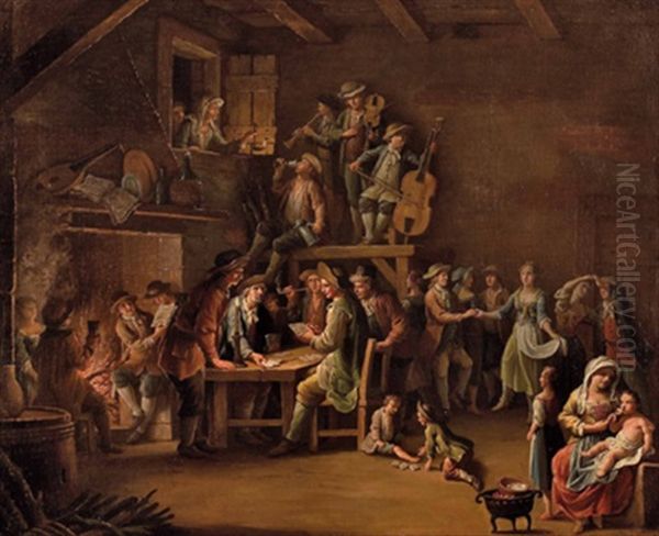 Im Wirtshaus Mit Kartenspielern, Tanzern Und Musikanten Oil Painting by Giovanni Battista Innocenzo Colombo