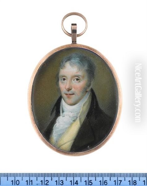 A Gentleman, Called James Devereux, Wearing Brown Coat With Black Collar, Pale Yellow Waistcoat, White Frilled Chemise, Stock And Tie (+ Memorial Plaque; 2 Works) Oil Painting by John Comerford