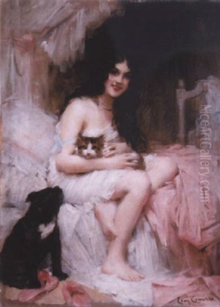 Femme Avec Son Chien Et Son Chat Oil Painting by Leon Francois Comerre