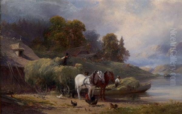 Bauern Beim Verladen Von Heu (+ Bauer Mit Pferden Vor Seeufer; Diptych) Oil Painting by Edward Theodore Compton