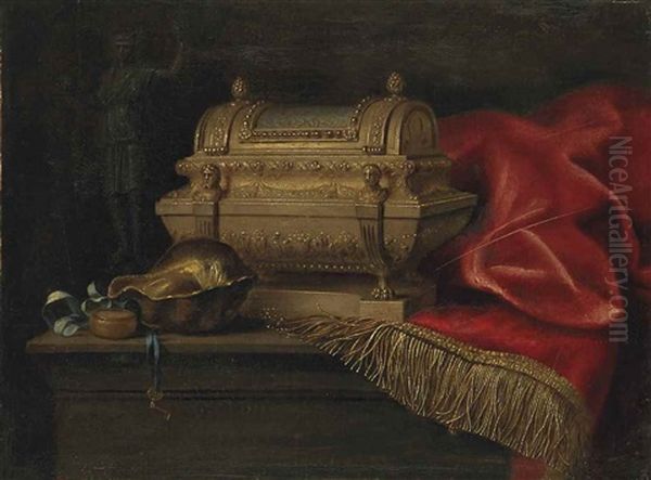 Nature Morte Au Coffret A Epingles, Coquillage Et Tapis Rouge Oil Painting by Meiffren Comte