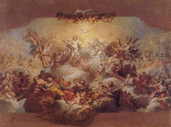 The Holy Trinity Surrounded By Saints And Angels Oil Painting by Sebastiano Conca
