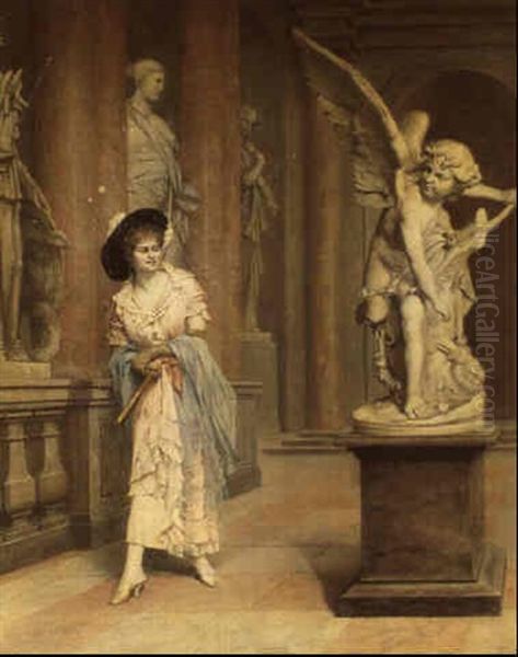 Jeune Femme Devant La Sculpture De Cupidon Oil Painting by Joseph Henri Condamin