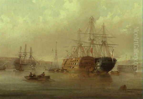 Ships Lying In The Tamar River Oil Painting by Nicholas Condy