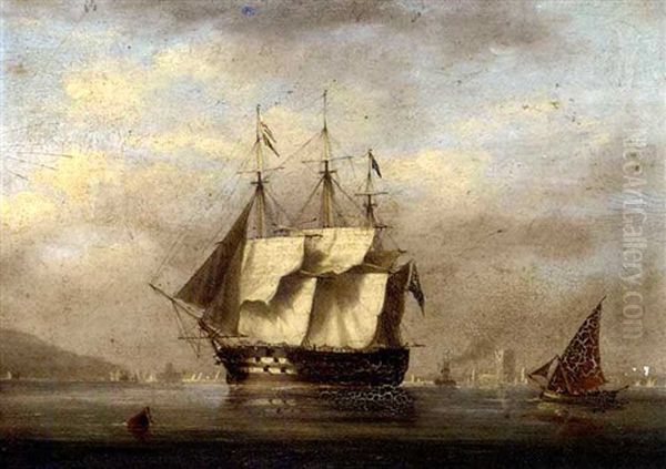 A British Two-decker Arriving At Lisbon And Preparing To Anchor With The Belem Tower Off Her Stern Oil Painting by Nicholas Matthew Condy
