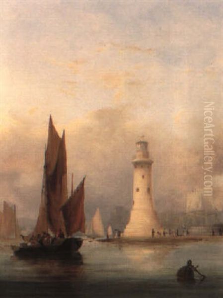 Shipping In A Calm By A Lighthouse Oil Painting by Nicholas Matthew Condy