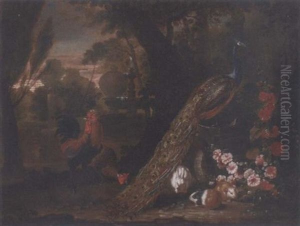 A Peacock And Cockerels, With Guinea Pigs And A Rabbit In An Italianate Garden With A Fountrain Oil Painting by David de Coninck