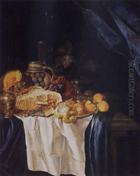 A Still Life With A Ham On A Silver Plate, A Melon, Oranges, Peaches, A Lemon, Grapes, Figs And Other Items, All On A Draped Table Oil Painting by Gregorius De Coninck