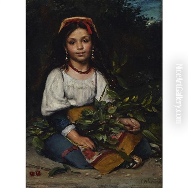 Young Neapolitan Girl With Cherries In The Field Oil Painting by Pierre Louis de Coninck