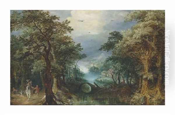 An Extensive Wooded River Landscape With A Hunting Party, A Village Beyond Oil Painting by Gillis van Coninxloo