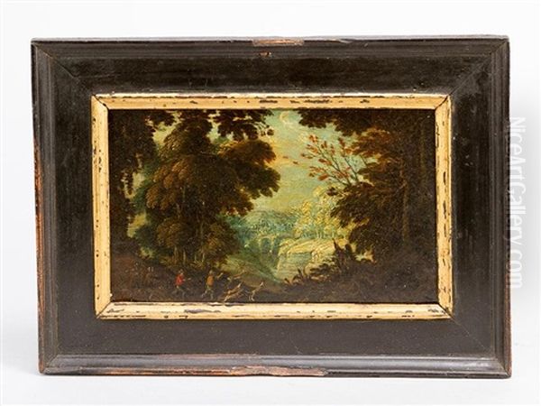 Landscape With Hunters And Their Dogs, In Distance Mountains With A Village Oil Painting by Gillis van Coninxloo