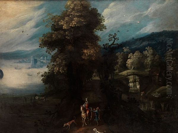 Farmlandschaft Mit Blick Auf Einen Flusslauf Mit Brucke Und Einem Reiter Im Vordergrund Oil Painting by Gillis van Coninxloo