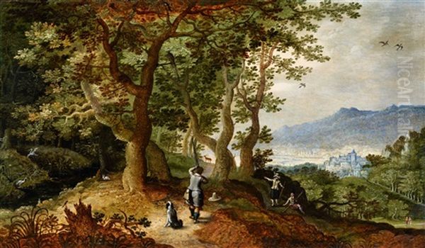 Wooded Landscape With Hunters Oil Painting by Gillis van Coninxloo
