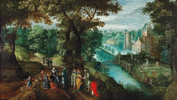 An Elegant Party In A River Landscape Oil Painting by Gillis van Coninxloo