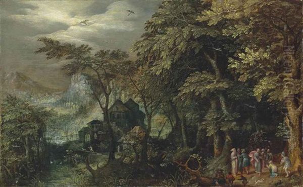 An Extensive Wooded Landscape With Christ Healing The Lame Man, A Village And A Town By The Mountains Beyond Oil Painting by Gillis van Coninxloo