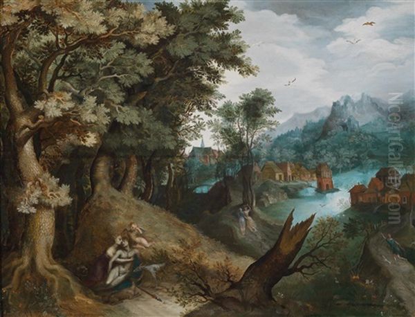 Eine Bewaldete Flusslandschaft Mit Dorfkulisse, Venus Und Adonis Und Wanderern Oil Painting by Gillis van Coninxloo