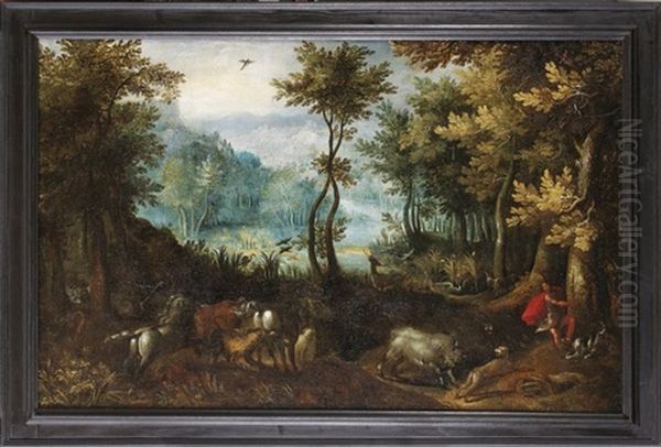 Landschaft Mit Wilden Tieren Oil Painting by Gillis van Coninxloo