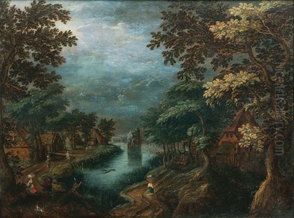Village By A River Oil Painting by Gillis van Coninxloo