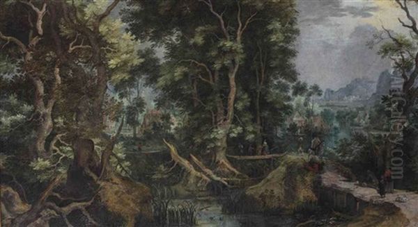 A Wooded River Landscape With Travellers On A Wooden Bridge Near A Village Oil Painting by Gillis van Coninxloo