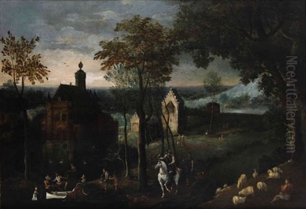 Paysage Accidente Anime De Personnages Elegants Pres De Maisons Au Bord De L'eau (a Beersel?) Oil Painting by Gillis van Coninxloo