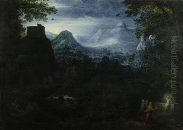 Weite Flamische Landschaft Mit Drei Frauen Und Der Auferstehung Christi Oil Painting by Gillis van Coninxloo