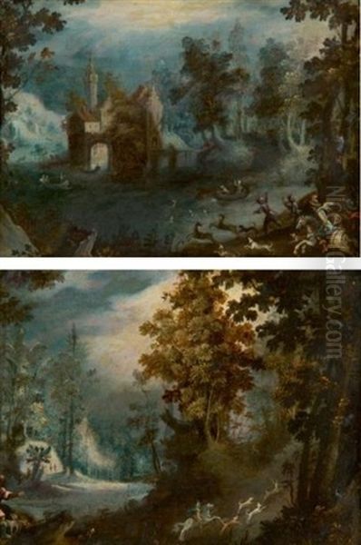 Deux Scenes De Chasse A Courre Dans Des Paysages Boises: Le Bien-aller Et Le Bat-l'eau (pair) Oil Painting by Gillis van Coninxloo