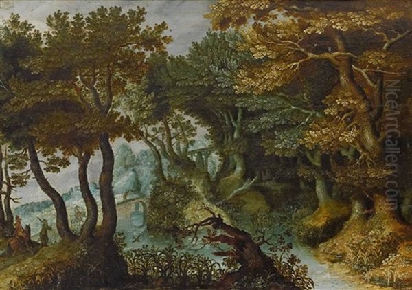 Waldlandschaft Mit Heimkehrenden Jagern Oil Painting by Gillis van Coninxloo