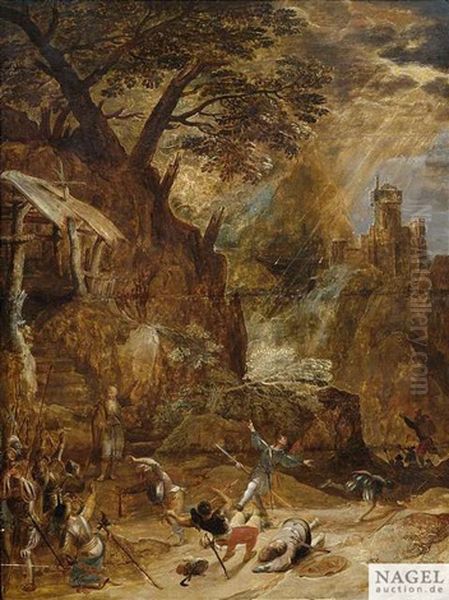 Bekehrung Einer Ritterschar In Bergiger Landschaft An Einer Eremitenklause. Durch Das Durchbrechende, Gleisende Sonnenlicht Werden Herren Und Knechte Geblendet Und Zu Boden Geworfen Oil Painting by Gillis van Coninxloo