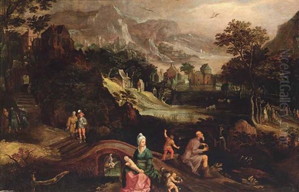 Weite Flusslandschaft Mit Dem Betenden Propheten Hosea Und Einer Im Vordergrund Sitzenden Frau Mit Einem Wickelkind Auf Dem Schos Oil Painting by Gillis van Coninxloo