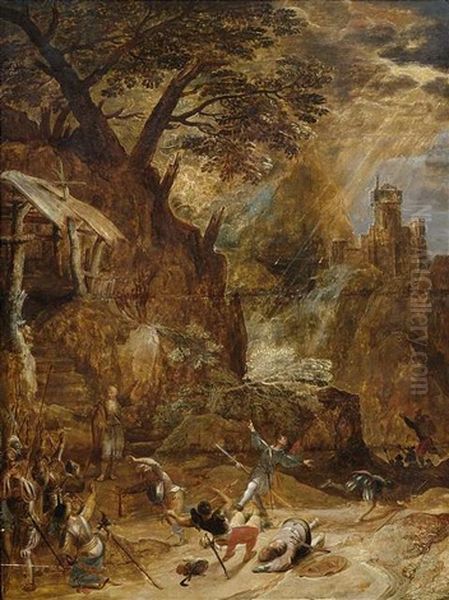 Bekehrung Einer Ritterschar In Bergiger Landschaft An Einer Eremitenklause. Oil Painting by Gillis van Coninxloo