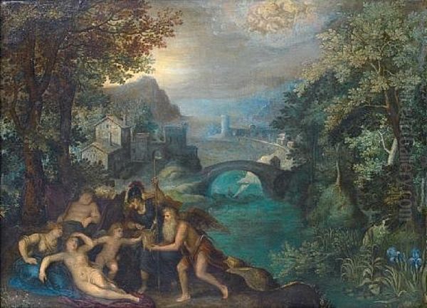 Chronus And Minerva Offering Gifts To Venus, With Bacchus And Ceres Before An Open Landscape Oil Painting by Gillis van Coninxloo