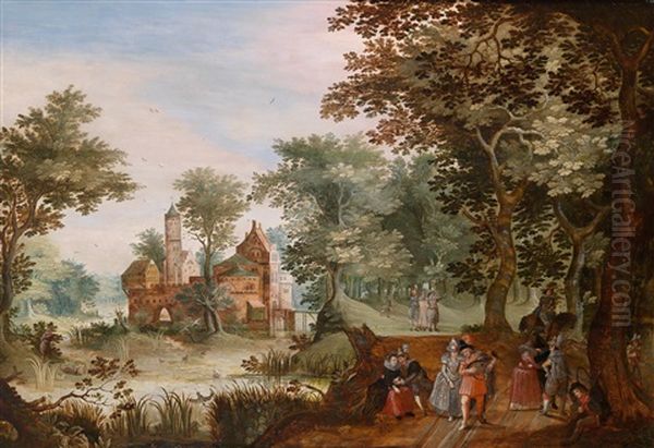 Bewaldete Landschaft Mit Einem Kastell Und Einer Eleganten Gesellschaft Im Freien Oil Painting by Gillis van Coninxloo