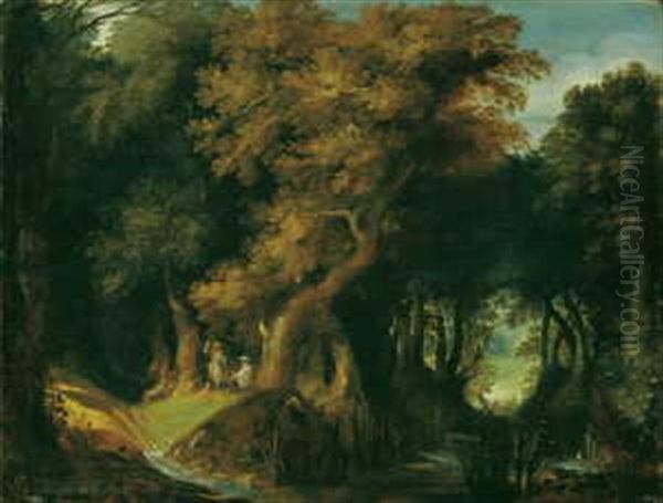 Waldlandschaft Mit Rastenden Jagern Oil Painting by Gillis van Coninxloo