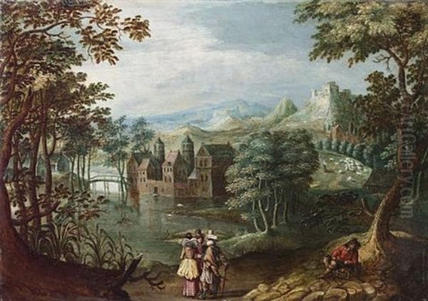 A Wooded River Landscape With Elegant Figures Conversing On A Track With A Traveller Resting Beneath A Tree, A Manor House Beyond Oil Painting by Gillis van Coninxloo