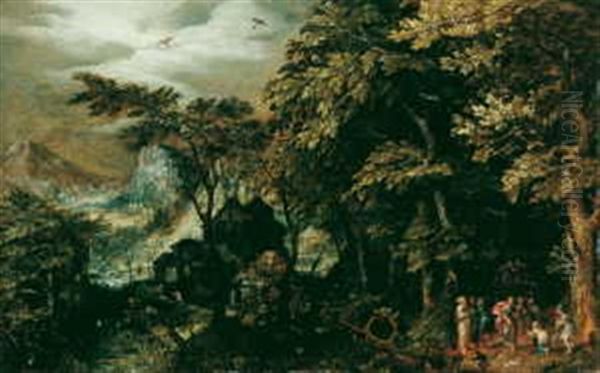 Waldlandschaft Mit Biblischer Staffage (christus Und Die Ehebrecherin?) Oil Painting by Gillis van Coninxloo