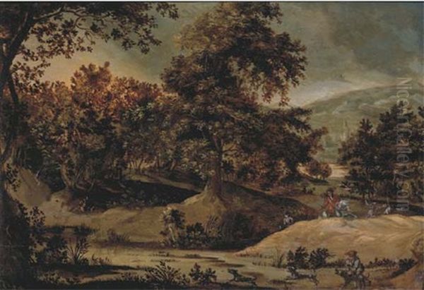 A Wooded Mountainous Landscape With Huntsmen Near A Pond Oil Painting by Gillis van Coninxloo