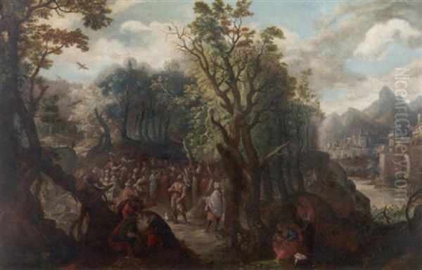 Johannespredigt. Johannes Der Taufer Predigt Dem Volk In Einer Waldlandschaft Vom Heiland Oil Painting by Gillis van Coninxloo