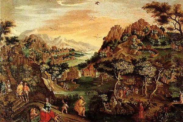 Paysage De Montagne Traverse Par Un Fleuve Avec Le Prophete Osee Et Son Epouse Gomer Oil Painting by Gillis van Coninxloo