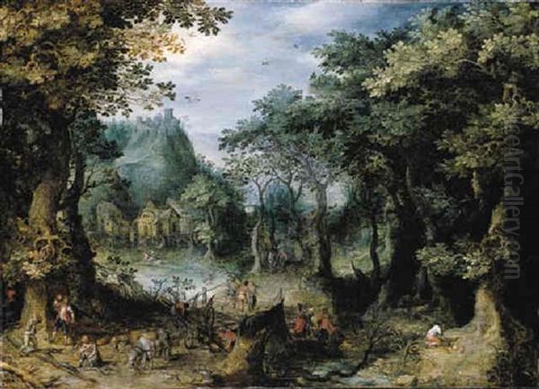 Woodcutters Working Beside A Forest Path Near A River Oil Painting by Gillis van Coninxloo