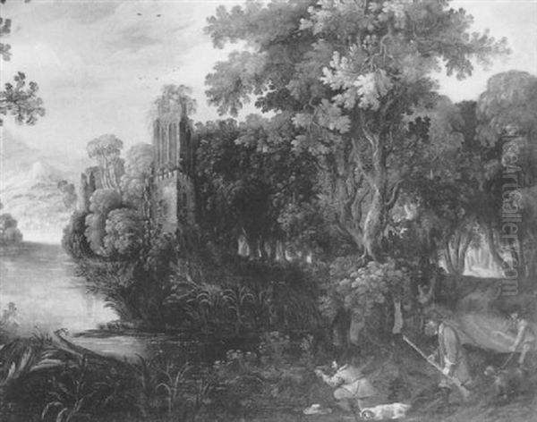 Chasseurs A L'affut Pres De L'etang Oil Painting by Gillis van Coninxloo