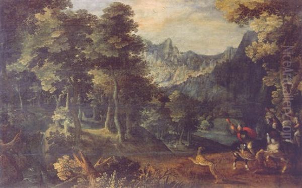 A Tiger Hunt In The Forest, A Valley Beyond Oil Painting by Gillis van Coninxloo