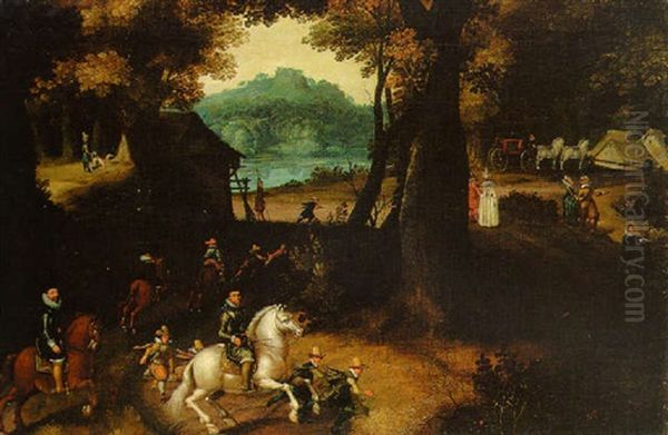 A Wooded Landscape With Maurits, Prince Of Orange, On A Grey, And Other Huntsmen Oil Painting by Gillis van Coninxloo